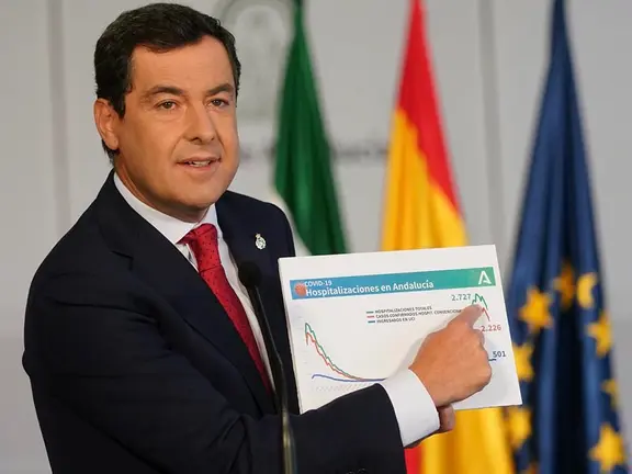Moreno mostrando la gráfica con la curva descendente