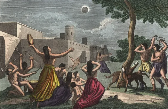 1.Representación de un antiguo eclipse solar procedente de Perú, que muestra su impacto en los pueblos antiguos. (por museumoflost)