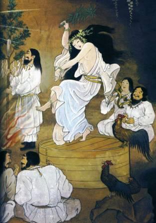 Ama No Uzum en pleno baile, acompañada de los demás kamis para sacar de la cueva a Amaterasu_